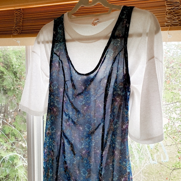 Handmade blue floral semi sheer midi dress zipper back navy sleeveless vintage - Picture 2 of 7